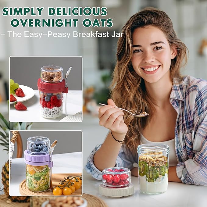Danmu 2 Pack Overnight Oats Containers with Lids 16 oz,Dual-Layer Yogurt Parfait Cups with Lids,Meal Prep Containers Glass for Snack,Overnight Oats,Yogurt,Parfait,Salad Dishwasher Safe