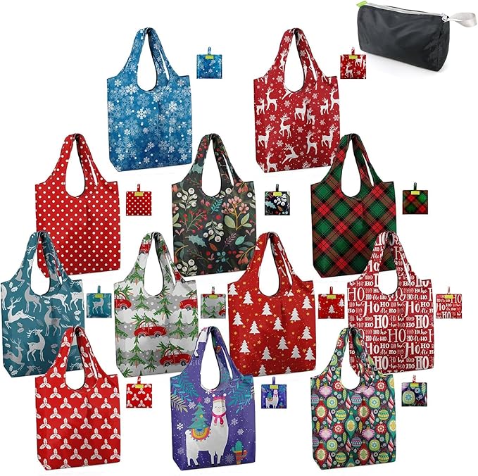 BeeGreen Christmas Red Reusable Grocery Bags 12 Pack with Storage Pouch & Elastic Band Gift Bags Shopping Tote Bags Bulk Ripstop 50LBS Extra Large Machine Washable