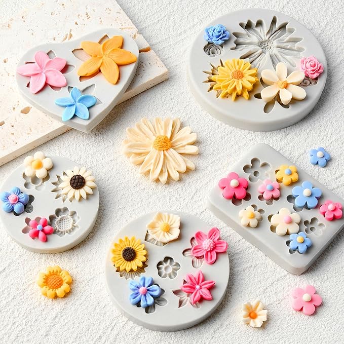 JOERSH 5PCS Silicone Flower Molds, Non-Stick Daisy Sunflower Fondant Chocolate Molds for Dessert Cake Decorating, Cupcake Topper, Cake Pop, Candy