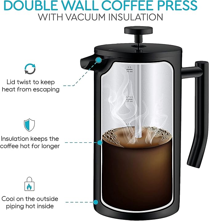 Belwares French Press Coffee Maker 34 Oz - Insulated Coffee Press Stainless Steel 304 - Double Wall & 4 Level Filtration System (1 Liter) - Black