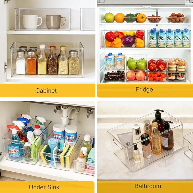 Hudgan 8 Pack Pantry Organizer and Storage, 2 Extra Large Stackable Freezer Organizer Bin, 3 Large Clear Storage Bin and 3 Medium Plastic Container for Home Edit, Kitchen Cabinet, Bathroom Shelf