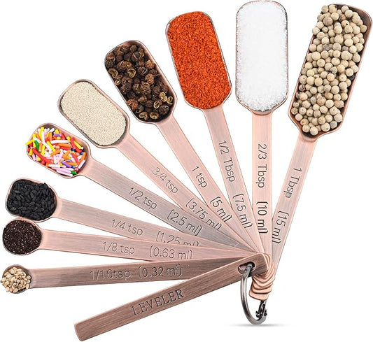 Copper Measuring Spoons Set 10, Stainless Steel Measuring Spoons for Kitchen & Baking, Long Handle Metric & US Metal Measure Spoon with 1/16tsp, 3/3tsp, 2/3tbsp for Spice Jar