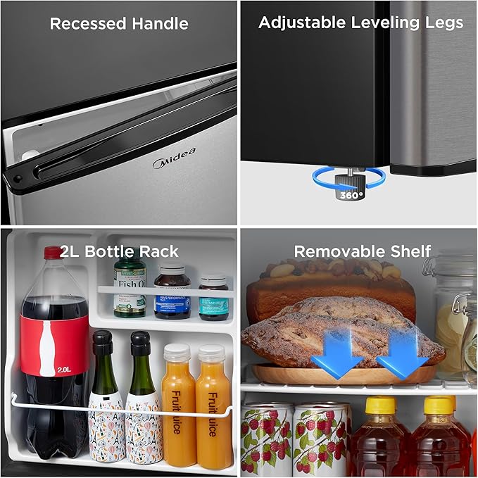 Midea MERM17B0ASL 1.7 Cu Ft Mini Fridge, Compact Refrigerator with Adjustable Thermostat, Reversible Door, Low Noise, Energy Efficient, Ideal for Dorm, Office, Bedroom, Steel Gray
