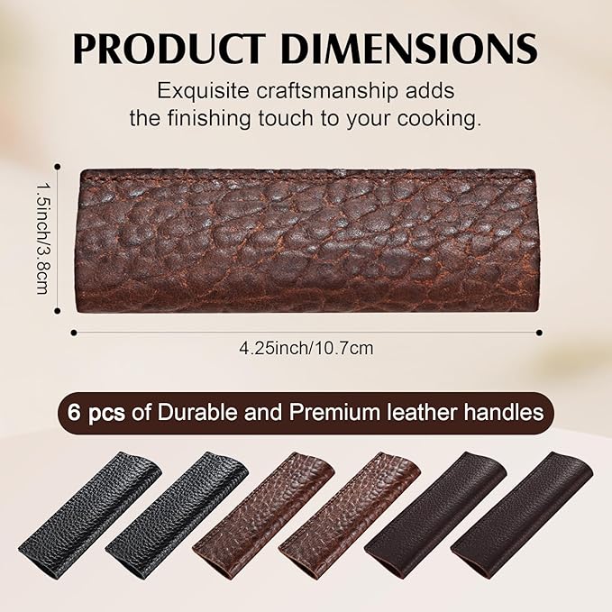 3 Pairs Leather Handle Covers, Heat Resistant Removable Griddle Handle Covers, for Cast Iron Carbon Steel Griddle and Grill Press, 4.25 x 1.5 Inches, Set of 6, Brown Black Burgundy