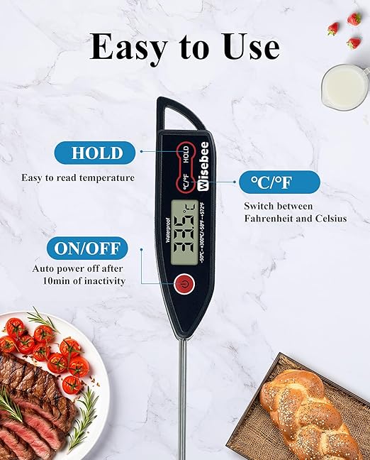 Wisebee Meat Thermometer Digital, Instant Read Food Thermometer with Stepdown Probe| IPX7 Waterproof| Hold Function| High Accuracy| Fast Response for Cooking, Liquid, Kitchen (Black)