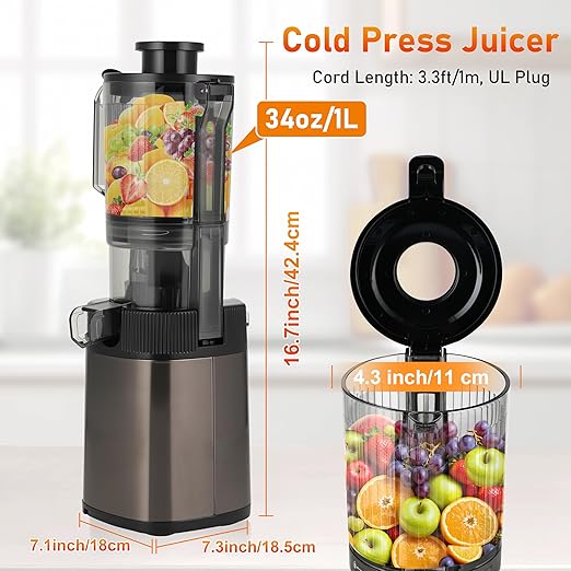 Cold Press Juicer - Juicer Machines with 4.3" Wide Feed Chute, 34oz Slow Masticating Juicer for Fruits and Vegetables, 99% High Juice Yield, Reverse Function, Dishwasher Safe