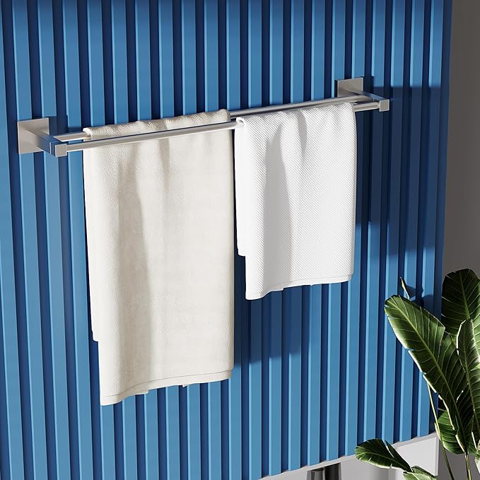 RUACQ Double Towel Bar, 24 Inch Towel Racks for Bathroom Wall Mounted, 304 Stainless Steel Bath Towel Rod with Square Base(Brushed Nickel)