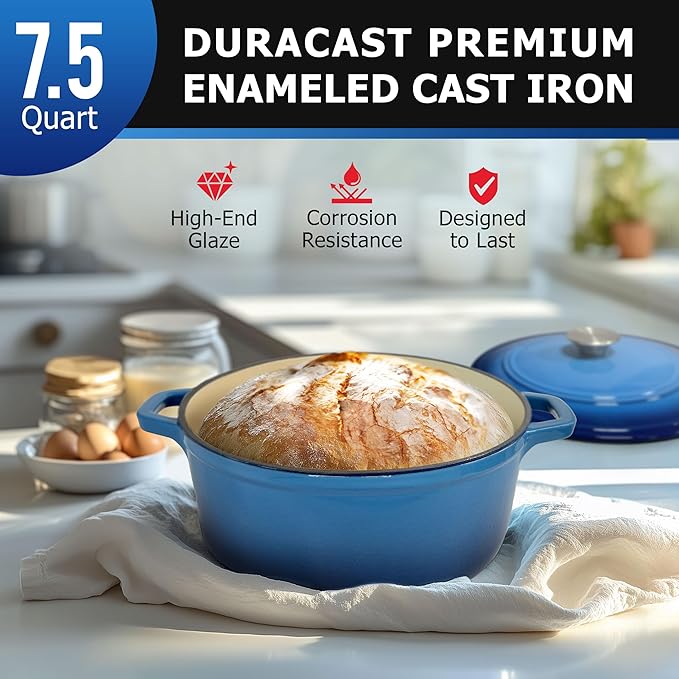 MUELLER HOME 7.5 QT Enameled Cast Iron Dutch Oven, Heavy-Duty Casserole Dish and Braiser Pan with Lid and Stainless Knob, Oven-Safe up to 500° F & Across All Cooktops, Aqua Blue