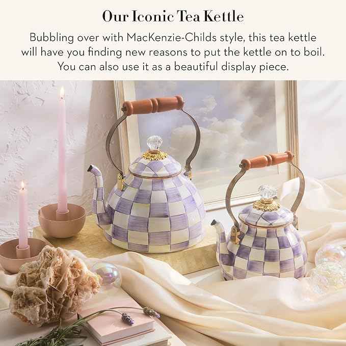 MACKENZIE-CHILDS Enamel Tea Kettle, Decorative Tea Kettle for Stovetop, 3 Quarts, Purple-and-White Violet Check