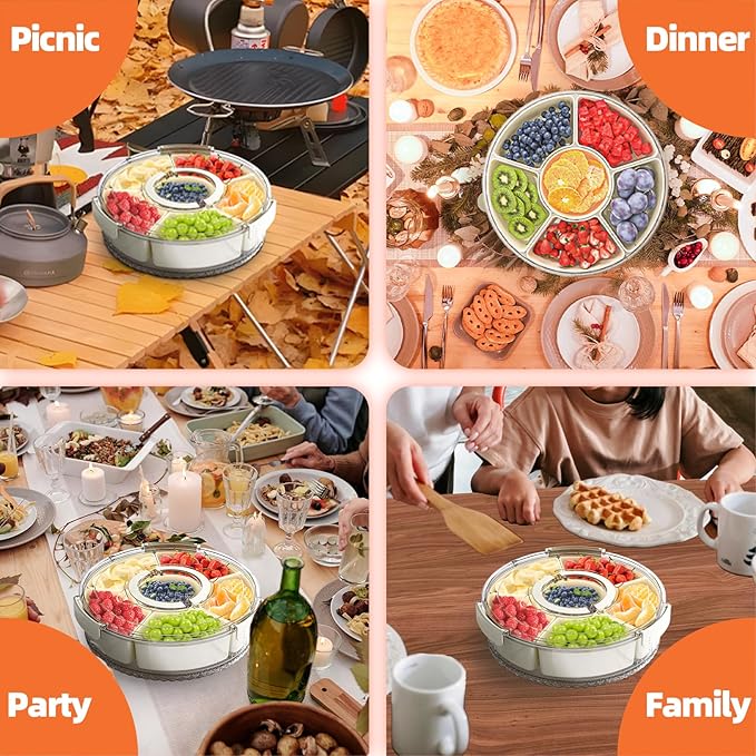 Divided Serving Tray with Lid and Handle, Stackable Snackle Box Container for Fruits Candy Organizer, Portable Spinning Rounded Veggie Tray for Kitchen, Party, Trave and Picnic-2 PACK