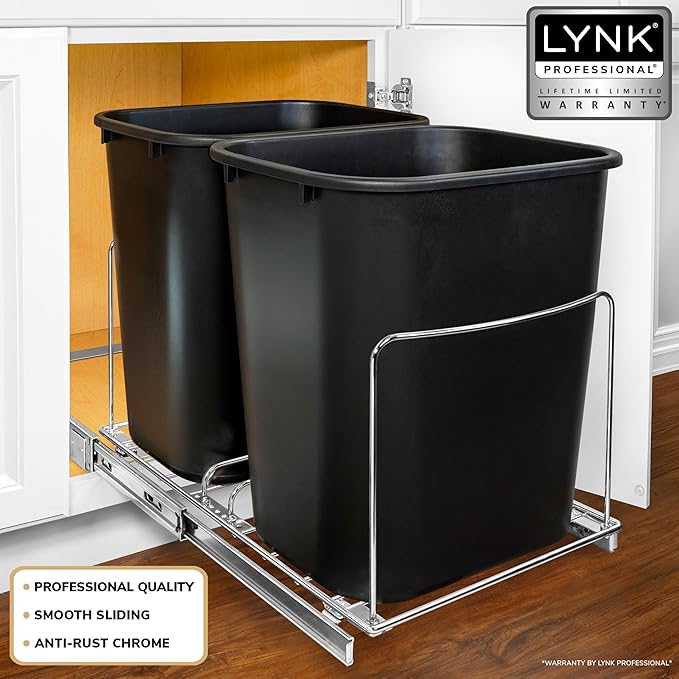 LYNK PROFESSIONAL® Double Pull Out Trash Can Under Cabinet - Under Sink Trash Can Slider - Trash Can Slide Out Drawer - Sliding Pull Out for Kitchen Garbage Bin (Trash Cans Not Included)