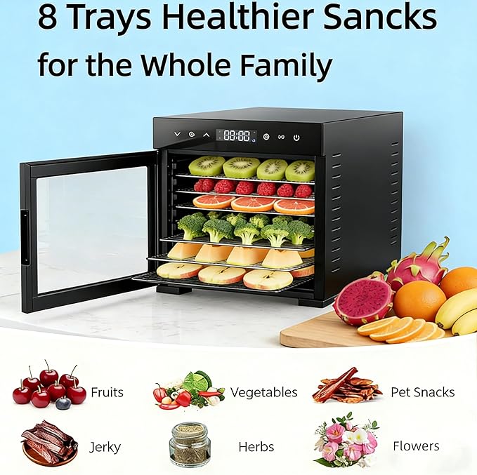 Simple Deluxe Food Dehydrator Machine, Fruit Dryer Machine with 8 Stainless Steel Trays, 24H Digital Timer 185°F Temperature Control, 500W Food Dryer for Jerky Meat Herb Fruit and Dog Treat, Black