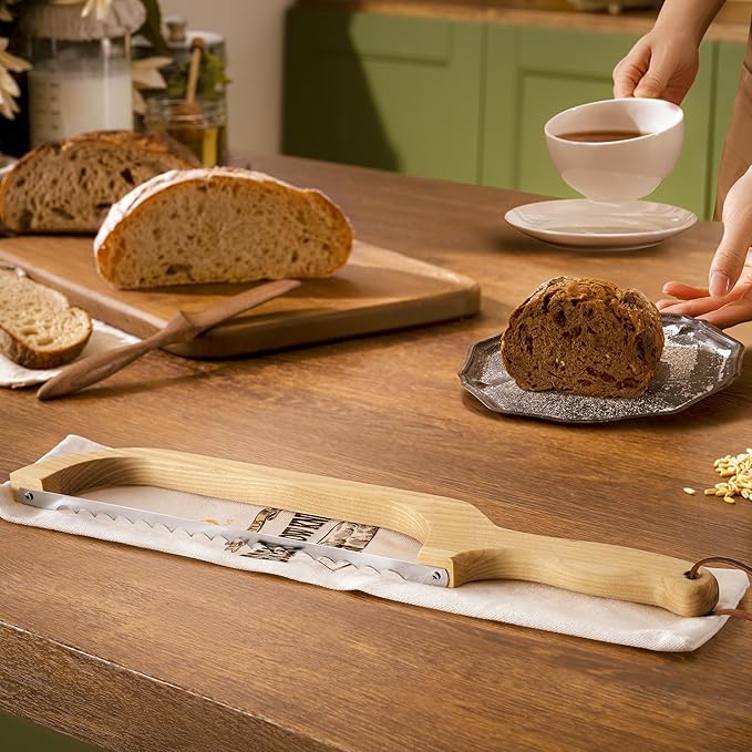 LLOTUS Bread Knife Package Slicer for Sourdough Bread, 16.5" Premium Wooden Bow Design, Premium Stainless Steel Serrated Saw, Cutter for cutting Loaf, Sandwich, Bagels, Homemade Bread (Birch)