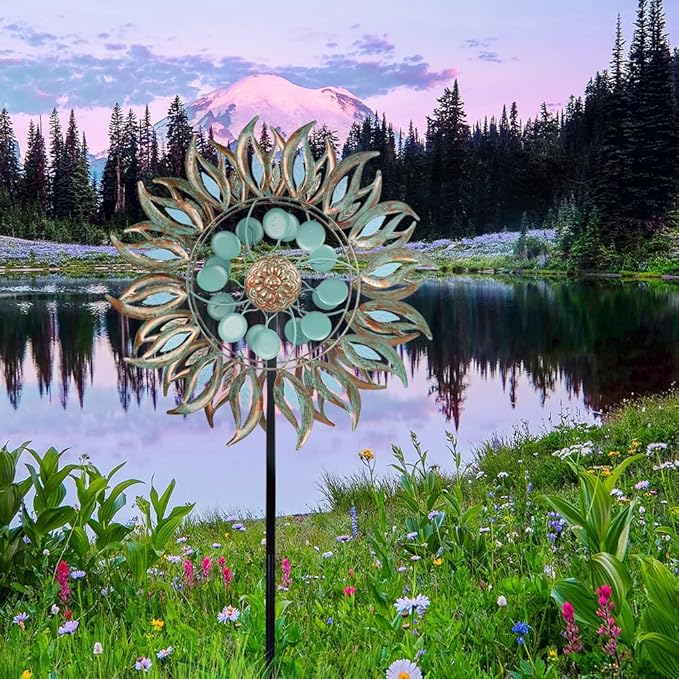 DREAMSOUL 24" Dia Large Wind Spinners Outdoor with 5 Prongs Stake, Metal Kinetic Wind Spinners for Yard and Garden