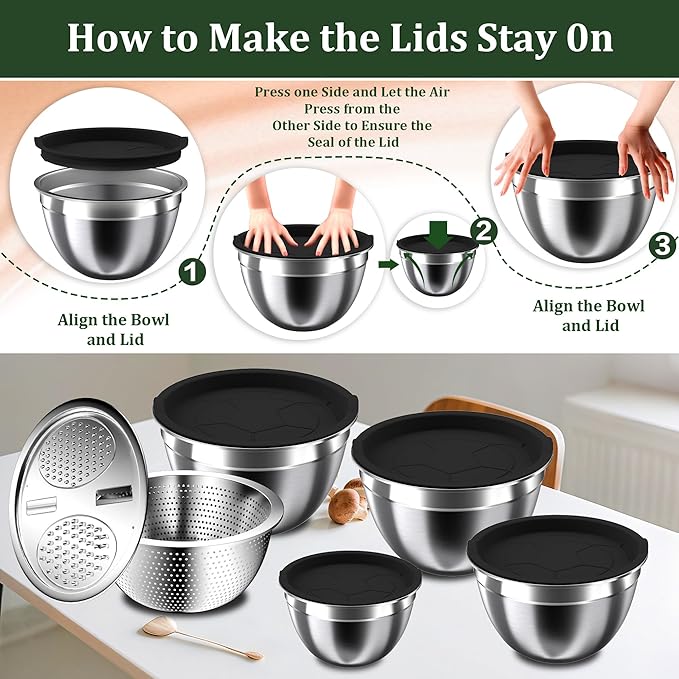 Nicdiet Mixing Bowls with Lids Set, 16PCS Stainless Steel Mixing Bowls,Nesting Storage Bowls for Kitchen with Mixing Bowl, Colander, Strainer & Grater, Metal Salad Bowl for Kitchen Gadgets, Black