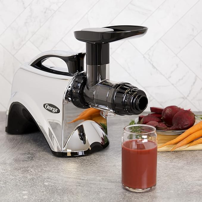 Omega Juicer Premium Vegetable and Fruit Juice Extractor and Nutrition System Makes Nut Milks Baby Food and Sorbets, Adjustable Pressure Settings 80-RPM Slow Masticating Juicer, 150-Watts, Silver