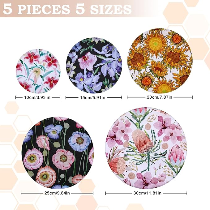 5-Size Reusable Beeswax Bowl Covers for Bread Proofing, Cotton Cloth Flexible Beeswax Wraps for Food Storage(Protea Floral)