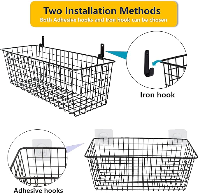 Joben Oligey 3 Set [Extra Large] Hanging Wall Baskets ,Wire Basket For Storage Pantry, Farmhouse Food Storage Kitchen Pantry Laundry Closet Garage RV ,Black