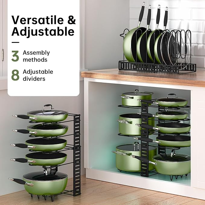 MUDEELA Pots and Pans Organizer Rack under Cabinet 8-Tiers Adjustable Pot Rack with 3 DIY Methods, Expandable 11.65'' to 19" Pot Lid Organizer for Kitchen Pantry Cabinet Organization and Storage