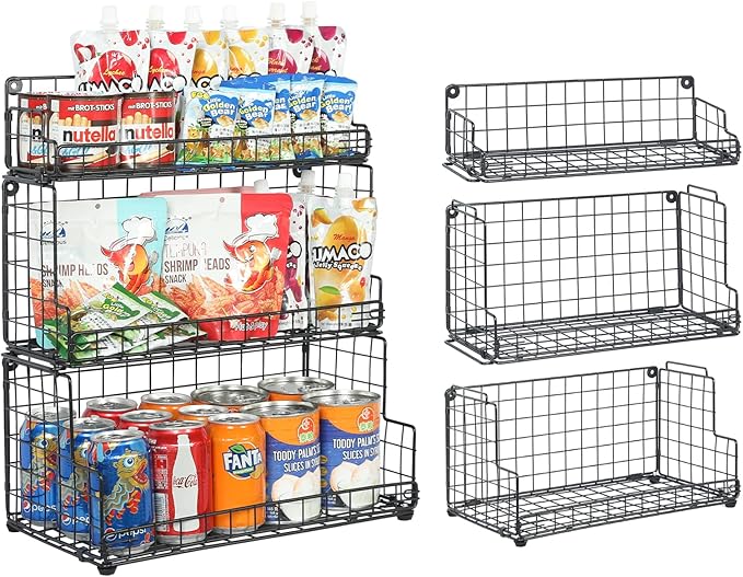 X-cosrack Stackable Wire Basket 3 Tier Countertop& Wall Mounted Metal Storage Basket for Kitchen Pantry Cabinet, Muti-functional Open Front Bin Organizer for Food Fruit Snack, Black