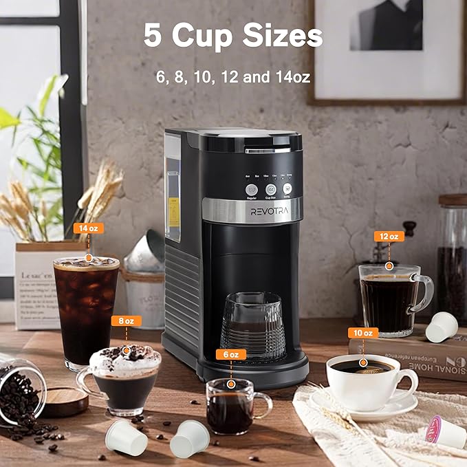 REVOTRA Single Serve Coffee Maker for Pods & Ground Coffee, 6 to 14oz Brew Sizes, Strong Brew Option, Fast Brewing, Compact Design with Removable 40oz Reservoir, Travel Mug Friendly