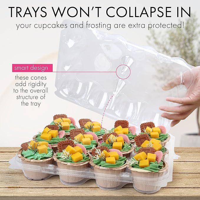 LotFancy (12 Count x 20 Sets) Cupcake Containers, Plastic Cupcake Boxes Holderd with 240 Liners, BPA Free, Disposable Cupcake Carrier Holder with Detachable Tall Dome Lid