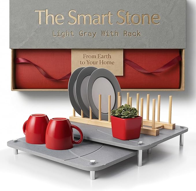 Nested Dish Drying Stone Mat with Bamboo Rack | 2 Pcs Diatomaceous Earth Stone Drying Mats for Kitchen Counter with Non-Slip Feet | Collapsible Large Drying Stone for Dishes (Light Gray)