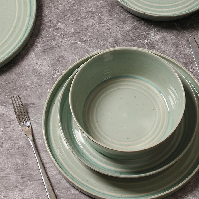 Stone Lain Claire 8-Piece Bowl Set Stoneware, Bowls, Dishwasher and Microwave Safe, Dish Set for 8, Green