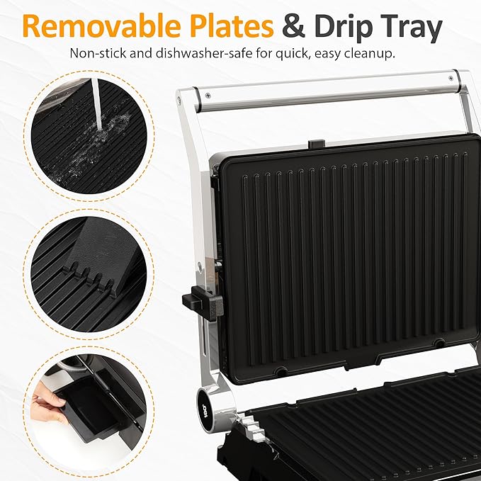 Sunvivi Indoor Grill & Griddle with Preset Menu, 1600W Electric Panini Press Sandwich Maker, Removable Nonstick Plates, Locking Lid, Double-sided Grill with 180° Flat Opening, Stainless Steel, Black