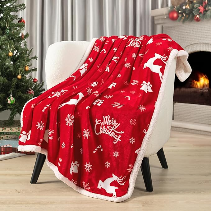 PAVILIA Premium Christmas Sherpa Throw Blanket | Christmas Decoration Gift, Fleece, Plush, Warm, Cozy Reversible Microfiber Holiday Blanket | Red Reindeer - 60x80 Twin