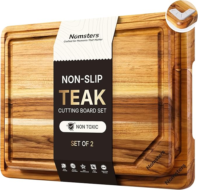 2 Pack Teak Wood Cutting Board Set Non Slip Over Sink Charcuterie Board Serving Heavy Duty Non Toxic Wooden Chopping Board Thick Haus Easy-Grip Handles, Knife-Friendly Best Kitchen Essential Gift
