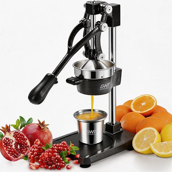 18 Inch Height Commercial Heavy Duty Cast Iron Hand Press Manual Orange Citrus Lemon Lime Grapefruit Pomegranate Fruit Juice Squeezer Machine with Stainless Steel Cup and Durable Base Black