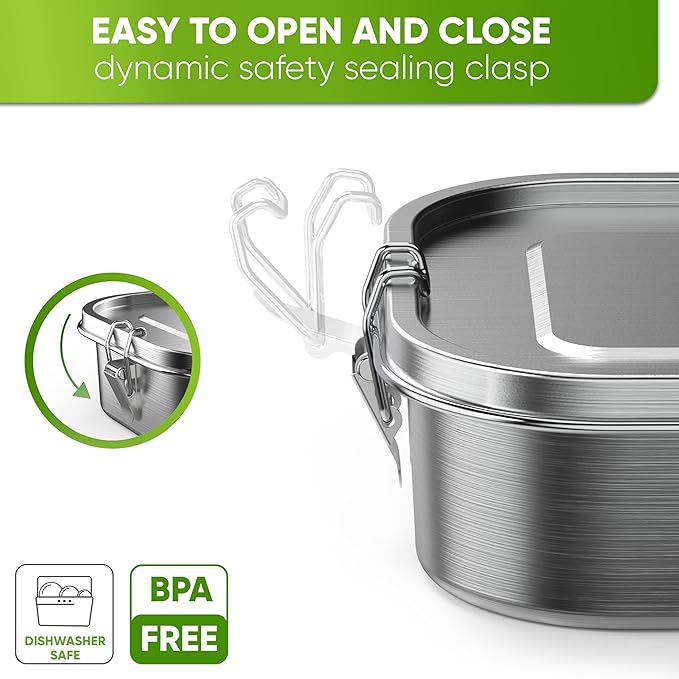 Blockhütte Stainless Steel Lunch Box for Adults I 40oz I with free Sealing I Metal Bento Box with 3 Compartments, Leak-Proof Lunch Container, Metal Food Storage for Travel, Work, Eco-Friendly