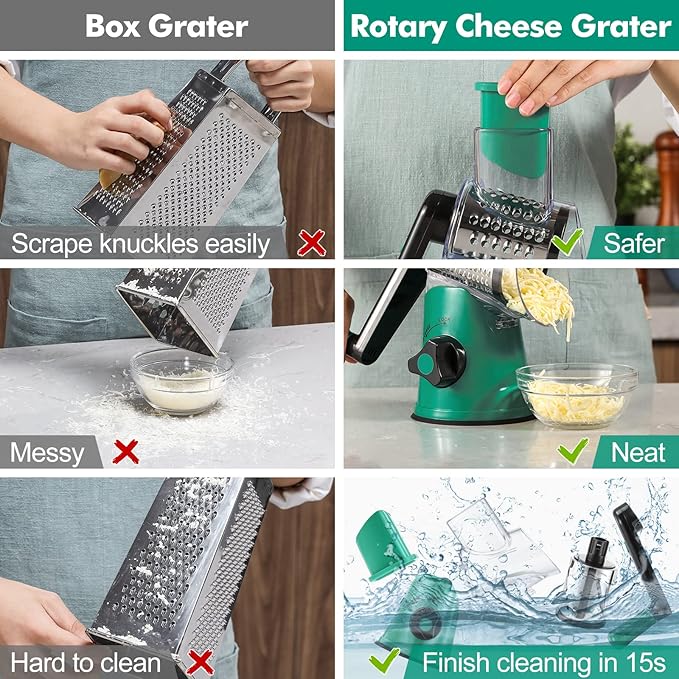 Cheese Grater Rotary, Rotary Grater for Kitchen, Kitchen Grater Vegetable Slicer with 3 Drum Blades, Fast Cutting Cheese Shredder for Vegetables and Nuts