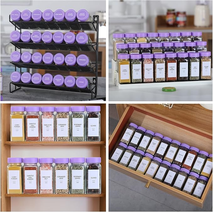 24 Glass Spice Jars with Labels, Spice Jar Set, 4oz Spice Containers, Seasoning Containers with Purple Airtight Lids and Shaker Lids, Square Empty Spice Bottles, 492 Labels, 1 Funnel