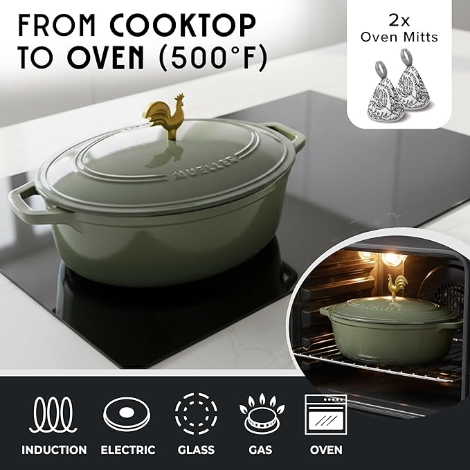 MUELLER HOME 5.5 Quart Enameled Cast Iron Oval Dutch Oven w Rooster Knob & Cotton Potholders, Heavy-Duty Cookware, Oven-Safe up to 500° F & Across All Cooktops, Gifts for Grandma & Women, Thyme Green