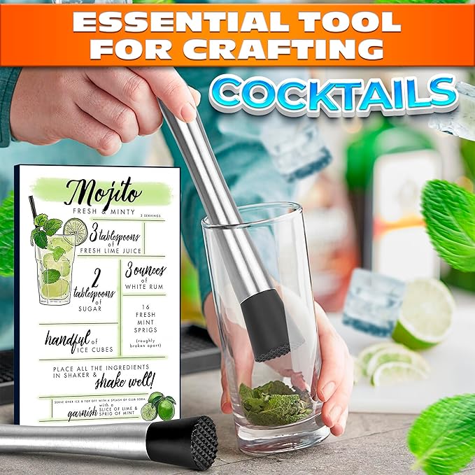 2 Pcs Bar Muddler for Cocktails - 8" Stainless Steel Muddler for Lemonade with Glass-Safe Grooved Nylon Head, Dishwasher Safe - Lemonade Stand Supplies for Mojitos, Citrus, Mint, Herb & Fruit Mixing