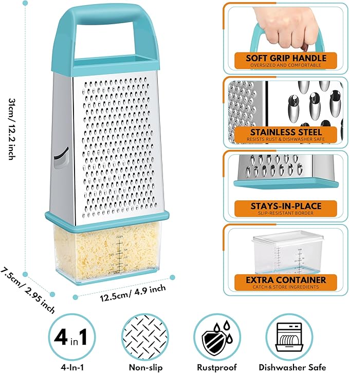 Urbanstrive Cheese Grater With Container, Professional Cheese Grater with Handle, Stainless Steel Graters for Kitchen Handheld, Box Grater with 4 Sides for Vegetables, Ginger, Potatoes (Blue)