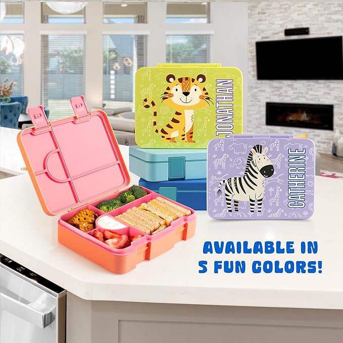 Personalized Bento Box for Kids with Safari Icon and Name - Royal Blue - 5 Compartments Drop-Proof Bento Box, Dishwasher Safe, Made with BPA-Free Materials, Bento Lunch Box for Kids and Toddlers