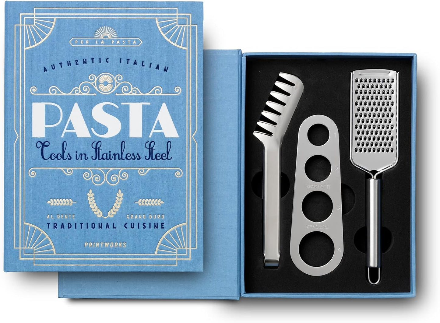 Printworks The Essentials, Pasta Tools – Pasta Kit with Spaghetti Tong, Spaghetti Measurer & Grater in Bright Blue Book-Style Case