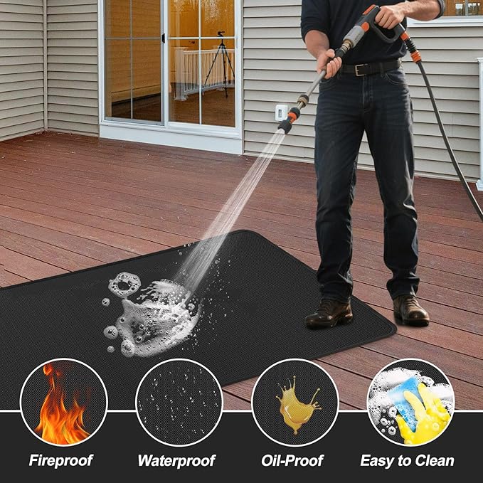 65 x 48 Inch Under Grill Mats for Outdoor Grill, Fireproof & Heat Resistant Fiberglass Deck Protector, Waterproof & Oil-Proof BBQ Floor Pad for Deck, Patio, Grass – Easy Clean, Reusable