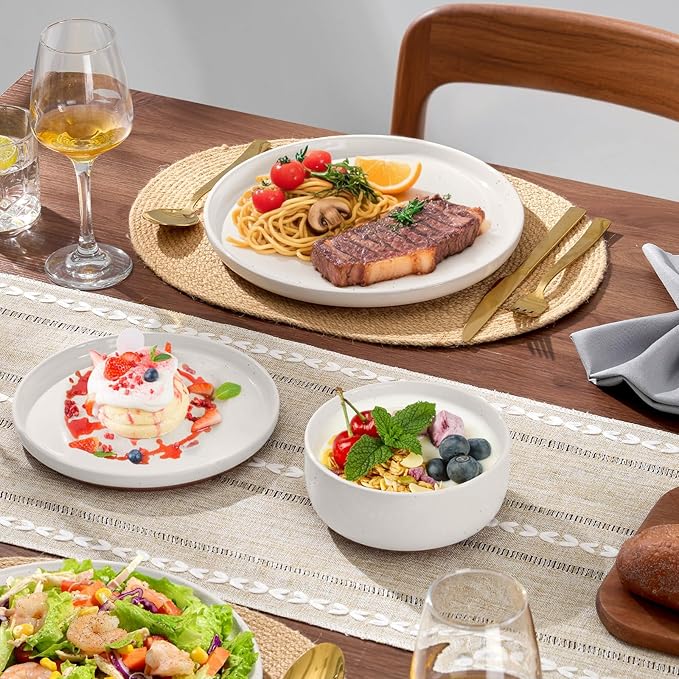E-far 24-Piece Stoneware Dinnerware Sets, Plates and Bowls Sets for 8, Ceramic Dishware Dishes Set with Terracotta Base, Chip & Scratch Resistant, Microwave & Dishwasher Safe, Speckled White