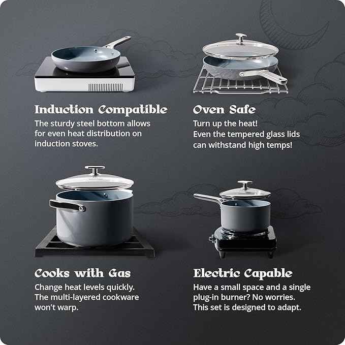 Premium Non-Toxic Ceramic Cookware Set – Triple-Layer Nonstick 12 Piece Pots and Pans with Lids, PFAS-Free, Oven Safe for Healthy Meals, Space-Saving Design, Midnight Gray Color | Greater Goods