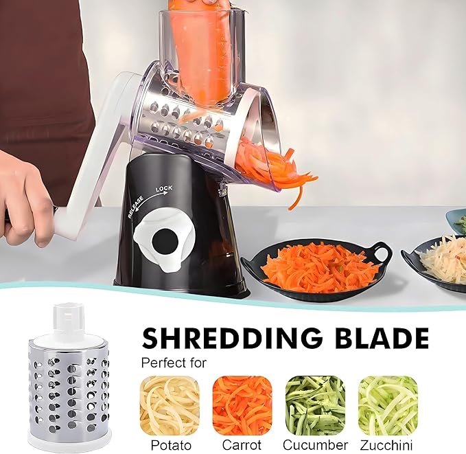 Rotary Cheese Grater, Cheese Grater Hand Crank, With Suction Base, Easy Cleaning With 3 Stainless Steel Interchangeable Drum Blades, Black