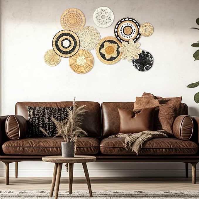 Tatuo 11 Pcs Boho Wall Basket Decor Bulrush Woven Wall Hanging Art Round Farmhouse Rustic Handmade Wicker for Summer Home, Bedroom, Living Room, Kitchen Decorations, Multi Sizes(Retro)