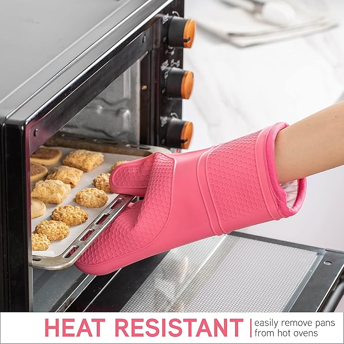 COOK WITH COLOR Silicone Oven Mitts- Heat Resistant Gloves with Soft Quilted Lining Oven Mitt Pot Holders for Cooking and BBQ, Pink, Mitt Set