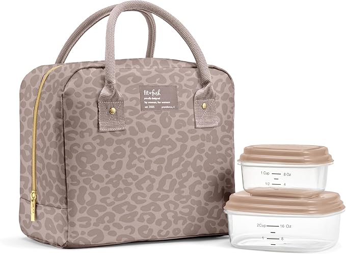 Fit & Fresh Bloomington Lunch Bag for Women - Insulated Large Lunch Box for Work with Containers, Leak-Resistant, Stain-Resistant, Zipper Closure, Mocha Feline Fine