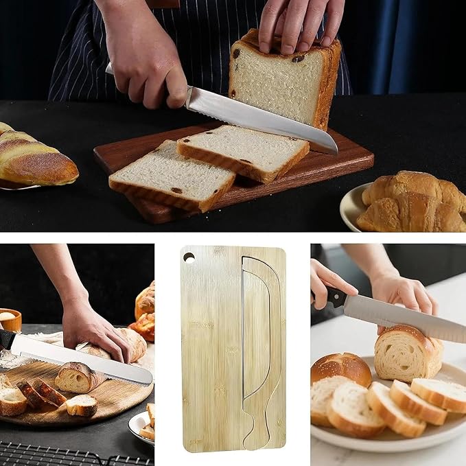 Bread Slicer for Homemade Bread, Manual Bow Knife and Cutting Board Set with Crumb Tray, Sourdough Loaf Slicer for Left & Right Handed Home Bakers, Wooden Board Design(Bamboo)