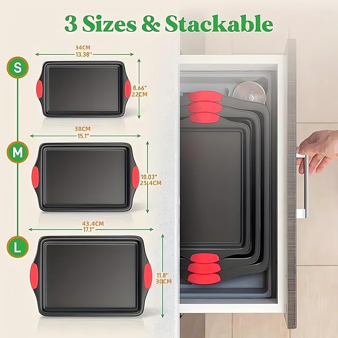 3PCS Carbon Steel Non-Stick Baking Pan | Commercial Restaurant Grade, Double-Sided Non-Stick Coating, Luxurious & Stylish Design with Red Silicone Handle - Oven Safe Kitchen Bakeware