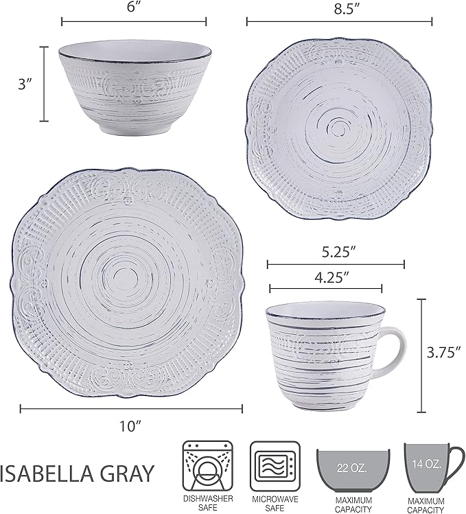 Pfaltzgraff Isabella 16-Piece Stoneware Dinnerware Set, Service for 4 - Handpainted Unique Glazed Finish - Includes Dinner Plates, Salad Plates, Bowls, Mugs - Dishwasher & Microwave Safe (Gray)